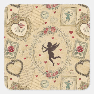 Adesivo Quadrado Padrão Romântico do Cupido Vintage (1)