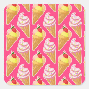 Adesivo Quadrado Padrão rosa Kawaii com sorvete de morango