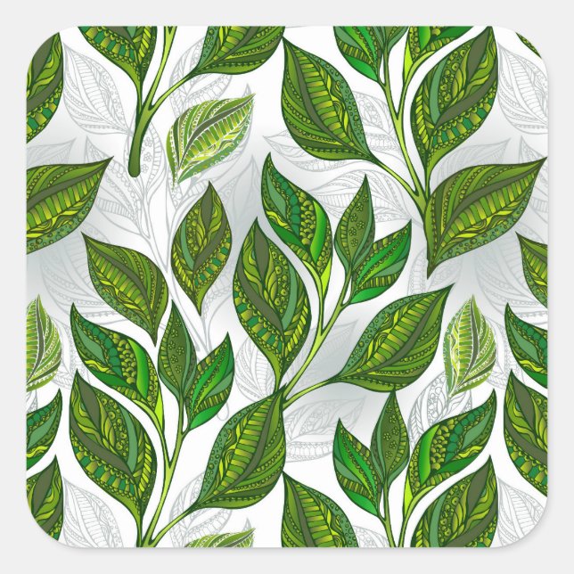 Adesivo Quadrado Padrão sem costura com folhas verdes de chá (Frente)