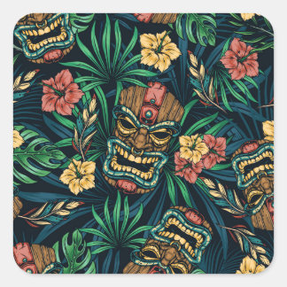 Adesivo Quadrado Padrão Tropical de Máscara de Tiki Havaiano