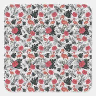 Adesivo Quadrado Padrão uniforme Flamingo com fundo floral