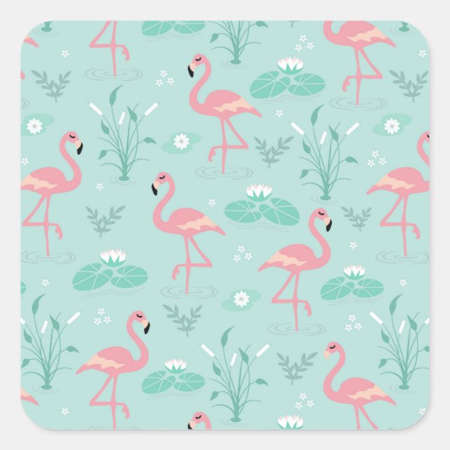 Adesivo Quadrado Padrão Verde Flamingos Rosa Pastel (Frente)
