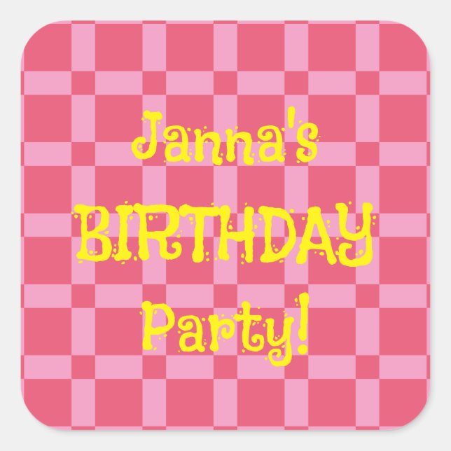Adesivo Quadrado Padrão Verificado Pink de Festa de aniversário Per (Frente)