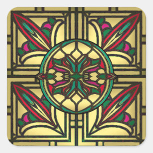Adesivo Quadrado Padrão Vintage de Vidro Colorido em Dourado e Verm