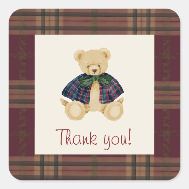 Adesivo Quadrado Padrão Xadrez de Urso de Pelúcia Vintage Obrigado (Frente)