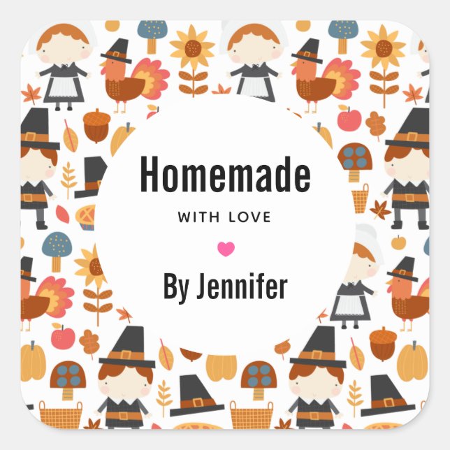 Adesivo Quadrado Padrões de Ação de Graças Feitos com Amor (Frente)