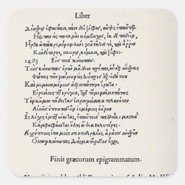 Adesivo Quadrado Página de Epigramas Gregos por Angelo Poliziano, 1 (Frente)