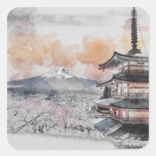 Adesivo Quadrado Pagode Japonesa em Aquarela & Mt. Fuji Quadrado