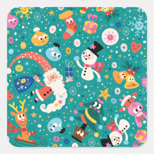 Adesivo Quadrado Pai Natal e Amigos FelizesPadrão (Frente)