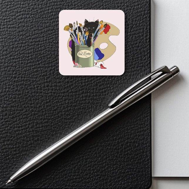Adesivo Quadrado Paint Brushes Pallet Black Kitten Artist (Criador carregado)