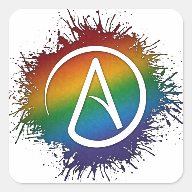 Adesivo Quadrado Paint Splatter LGBTQ Pride Rainbow Símbolo Ateista (Frente)
