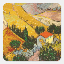 Adesivo Quadrado Paisagem com House e Ploughma Vincent van Gogh