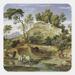 Adesivo Quadrado Paisagem com pastores e vacas