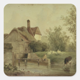 Adesivo Quadrado Paisagem com uma casa de campo
