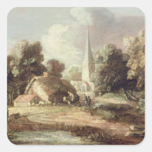 Adesivo Quadrado Paisagem com uma igreja, casa de campo, aldeões e