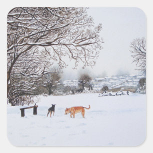 Adesivo Quadrado Paisagem da cena da neve do cão com pintura das