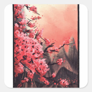 Adesivo Quadrado Paisagem de flor de cerejeira
