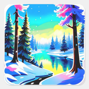 Adesivo Quadrado Paisagem de Floresta de Inverno com Árvores Nevada