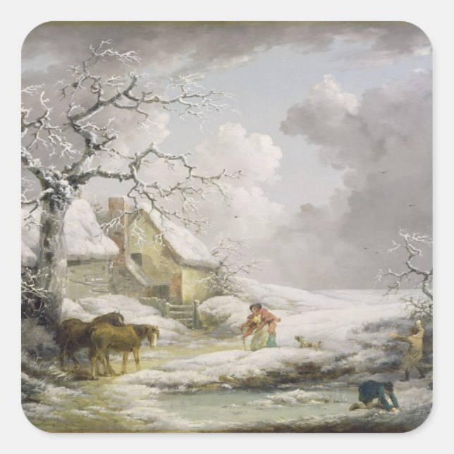 Adesivo Quadrado Paisagem de inverno com Homens Neves Batendo uma M (Frente)
