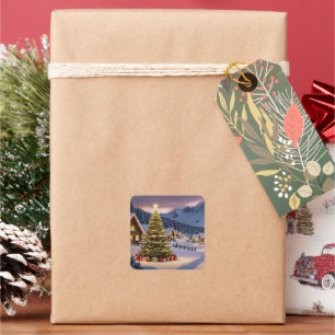 Adesivo Quadrado Paisagem de luzes de Natal com neve