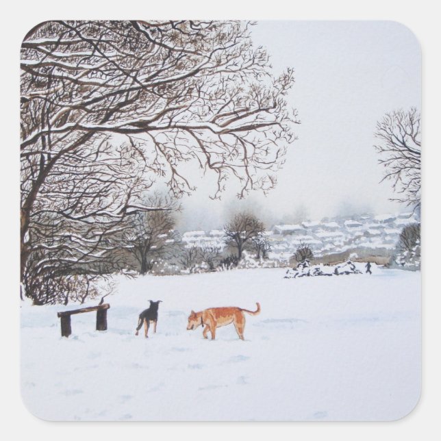 Adesivo Quadrado Paisagem de neve de cães com pintura de árvores (Frente)