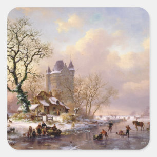 Adesivo Quadrado Paisagem do inverno com um castelo