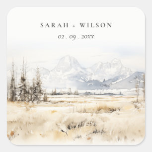 Adesivo Quadrado Paisagem em Aquarela de Casamento em Jackson Hole