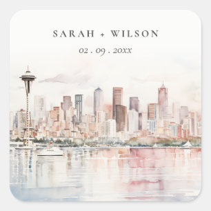 Adesivo Quadrado Paisagem em Aquarela de Casamento em Seattle, Wash