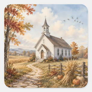 Adesivo Quadrado Paisagem em Aquarela de Igreja Rural de Outono
