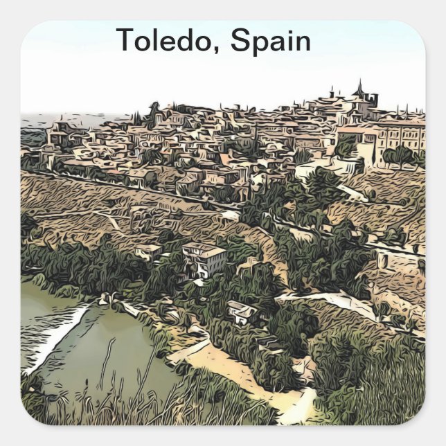Adesivo Quadrado Paisagem Ilustrada Arte de Toledo, Espanha (Frente)