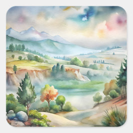Adesivo Quadrado Paisagem Montanhosa em Aquarela