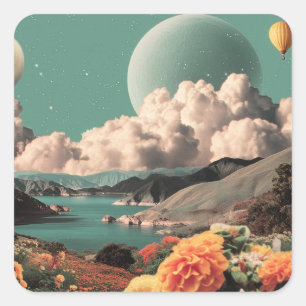 Adesivo Quadrado Paisagem Montanhosa Surrealista com Planetas e Nuv
