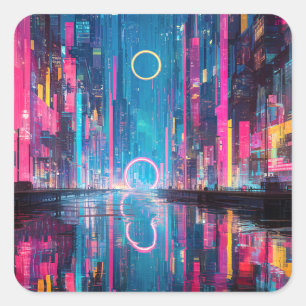 Adesivo Quadrado Paisagem Noturna Neon Vibrante Futurista da Cidade
