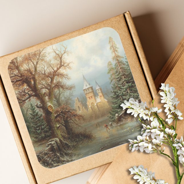 Adesivo Quadrado Paisagem Romântica de inverno com Patinadores de G (Criador carregado)