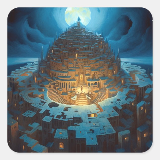 Adesivo Quadrado Paisagem Surreal Cidade Maze Fantasy Art (Frente)