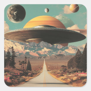 Adesivo Quadrado Paisagem Surrealista com Estrada, OVNI e Saturno