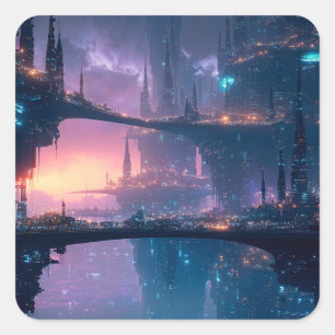 Adesivo Quadrado Paisagem Urbana Futurista ao Crepúsculo