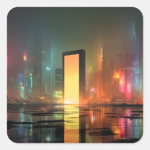 Adesivo Quadrado Paisagem urbana futurista com reflexos de neon
