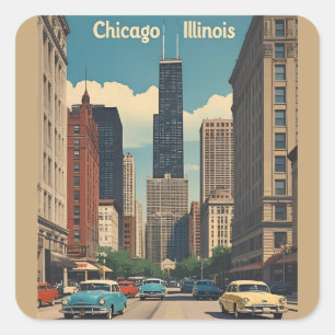 Adesivo Quadrado Paisagem Urbana Vintage da Cidade de Chicago Illin