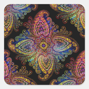 Adesivo Quadrado Paisley Multicolor em Rodopio sobre Preto