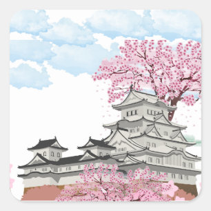 Adesivo Quadrado Palácio Chinês com Árvores Sakura - Oriente Elegan