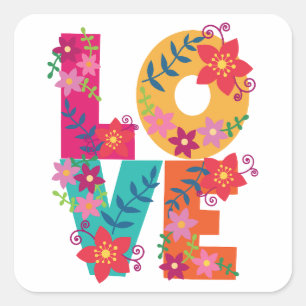 Adesivo Quadrado Palavra colorida amor decorada com flores