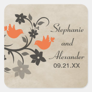 Adesivo Quadrado Palhetas de Casamento de Aves Florais Laranja