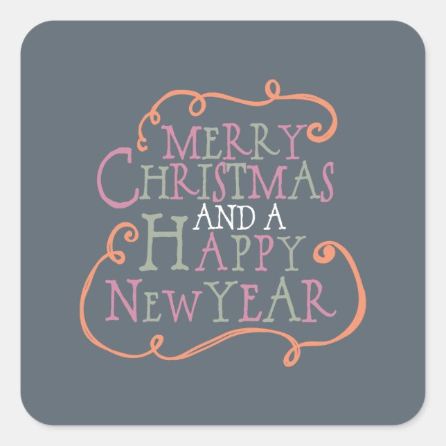 Adesivo Quadrado Palitos de Natal Feliz, Laranja e Rosa (Frente)