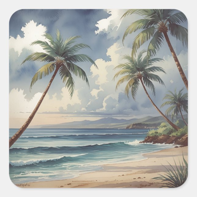 Adesivo Quadrado Palm Trees Hawaiian Travel Honolulu Blue Sea (Frente)