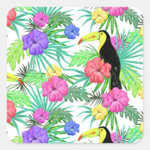 Adesivo Quadrado Palma Tropical Watercolor,Hibiskus Toucan Havaiano