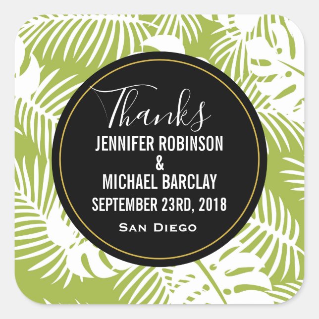 Adesivo Quadrado Palma Verde Deixa Obrigados de Casamento de Padrão (Frente)