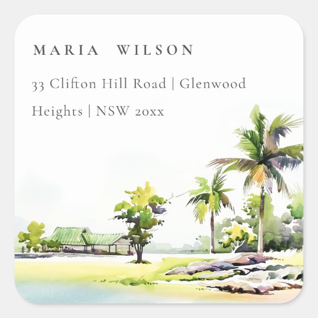 Adesivo Quadrado Palmeiras costeiras tropicais Morada por Aquarela (Frente)