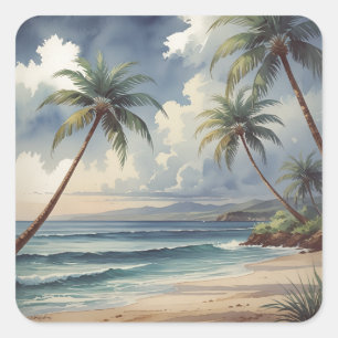 Adesivo Quadrado Palmeiras Viagem Havaiano Honolulu Mar Azul