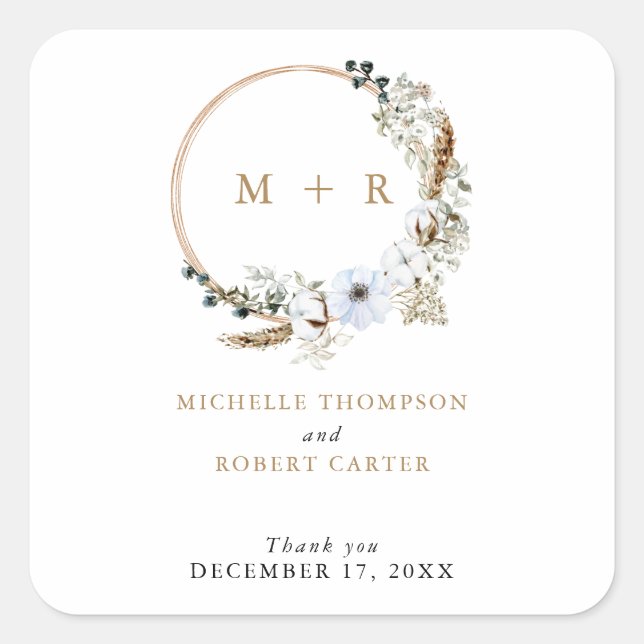 Adesivo Quadrado Pampas Grass Wedding Boho Terracotta Monograma Chi (Frente)